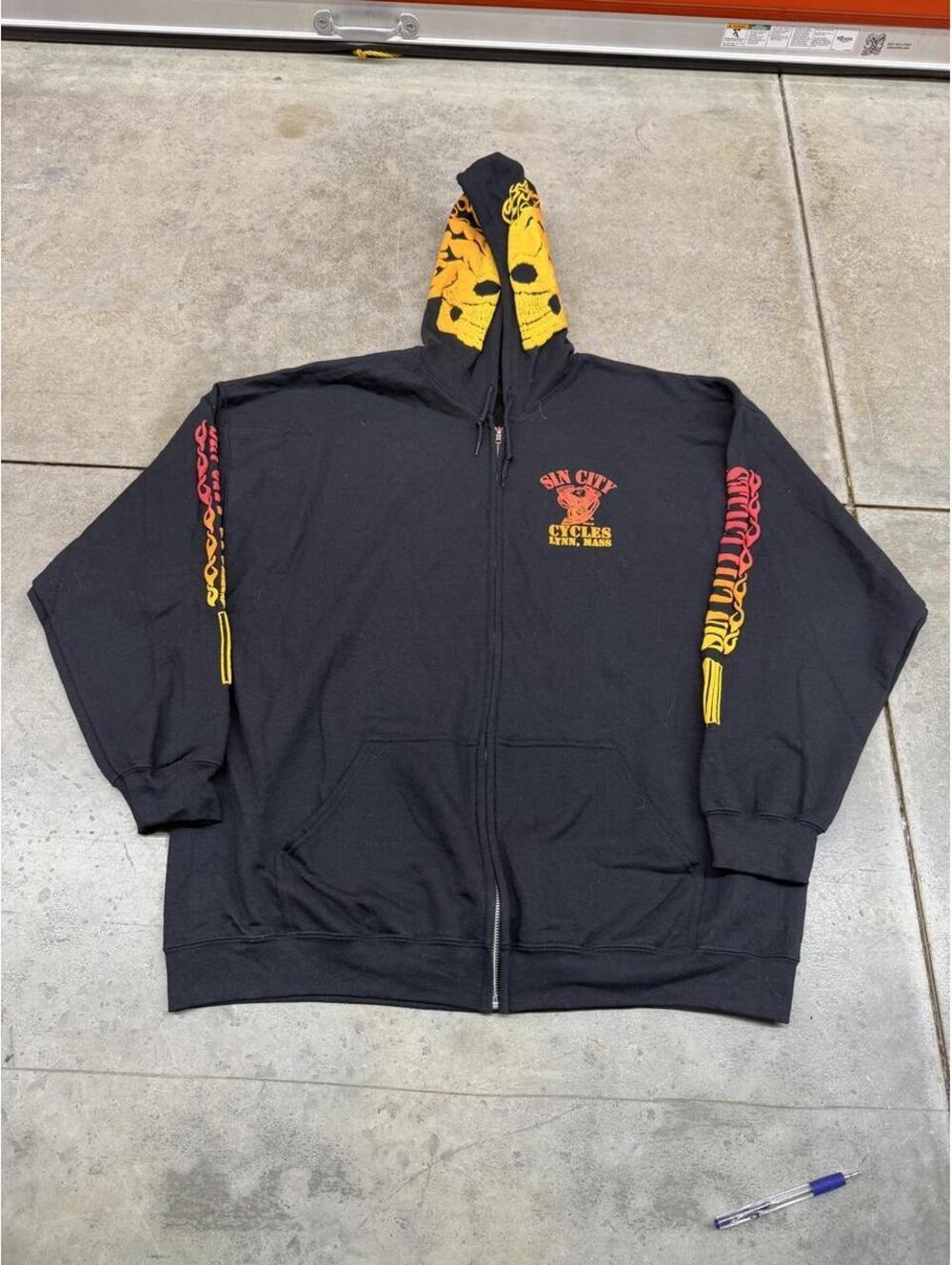 vintage sin city cycles faded black puff print zip up skull hoodie size xxl